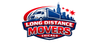 Logo for Long Distance Movers Chicago IL featuring a large truck in front of the Chicago skyline, with three red stars and bold red, white, and blue colors. Perfect for representing top Long Distance Movers in Chicago.