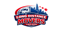 Logo for Long Distance Movers Chicago IL featuring a large truck in front of the Chicago skyline, with three red stars and bold red, white, and blue colors. Perfect for representing top Long Distance Movers in Chicago.